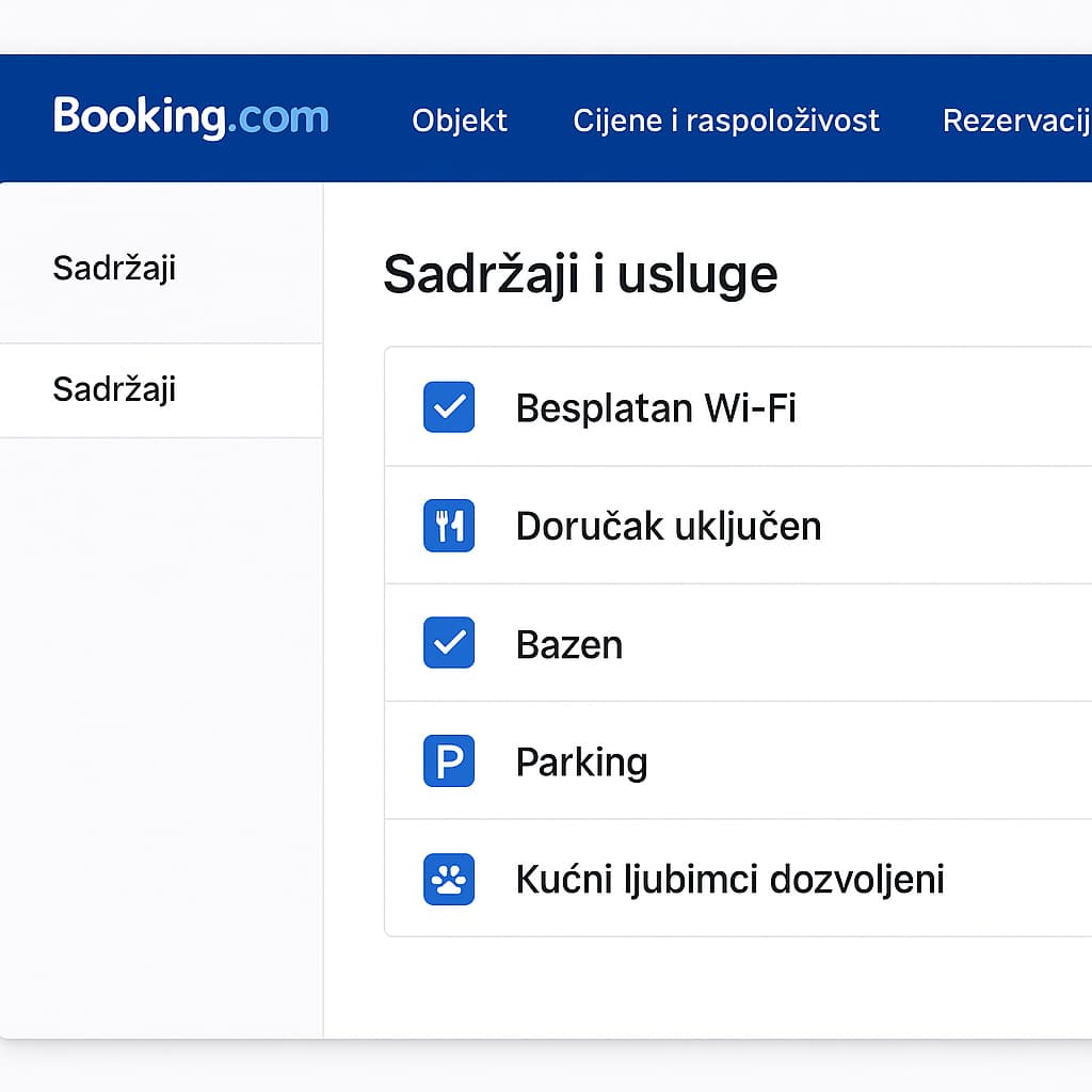 Izbornik u ekstranetu za odabir sadržaja i usluga objekta