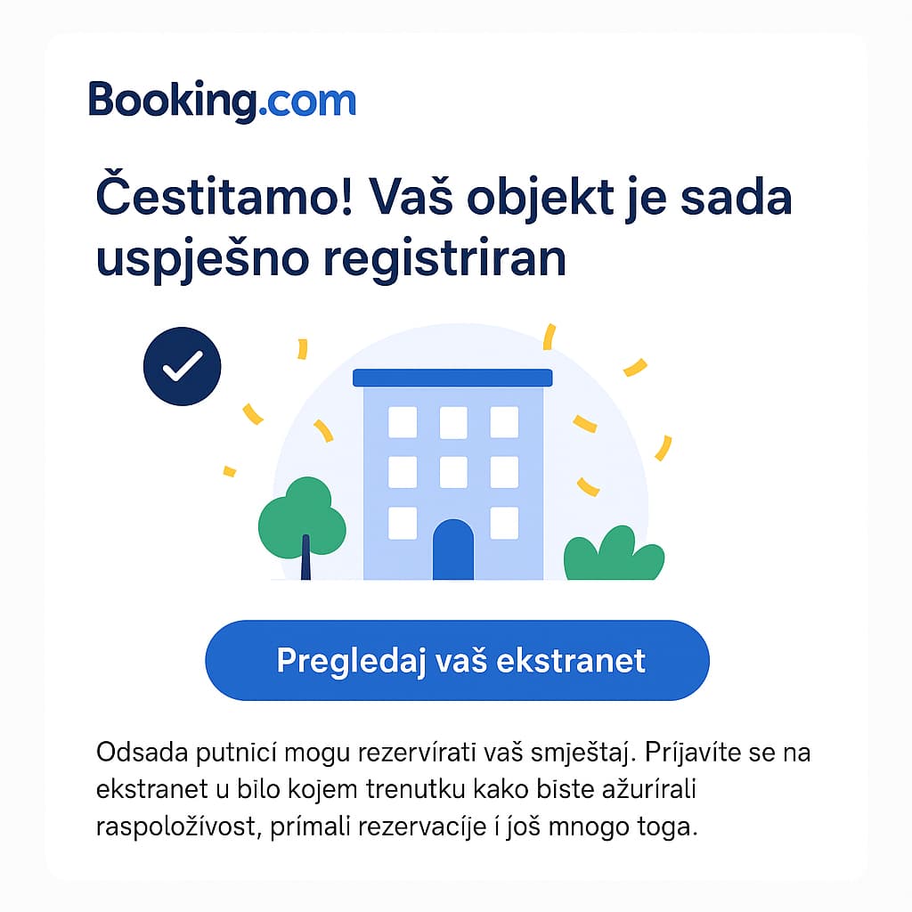 Prikaz ekstraneta s potvrdom „Vaš objekt je sada otvoren za rezervacije” ili e-mail potvrde o uspješnoj registraciji objekta