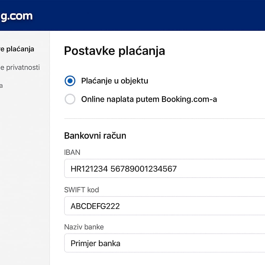 Postavke plaćanja u ekstranetu – izbor između plaćanja u objektu ili online naplate preko Booking.com-a, te primjer ispunjenog bankovnog računa za isplate