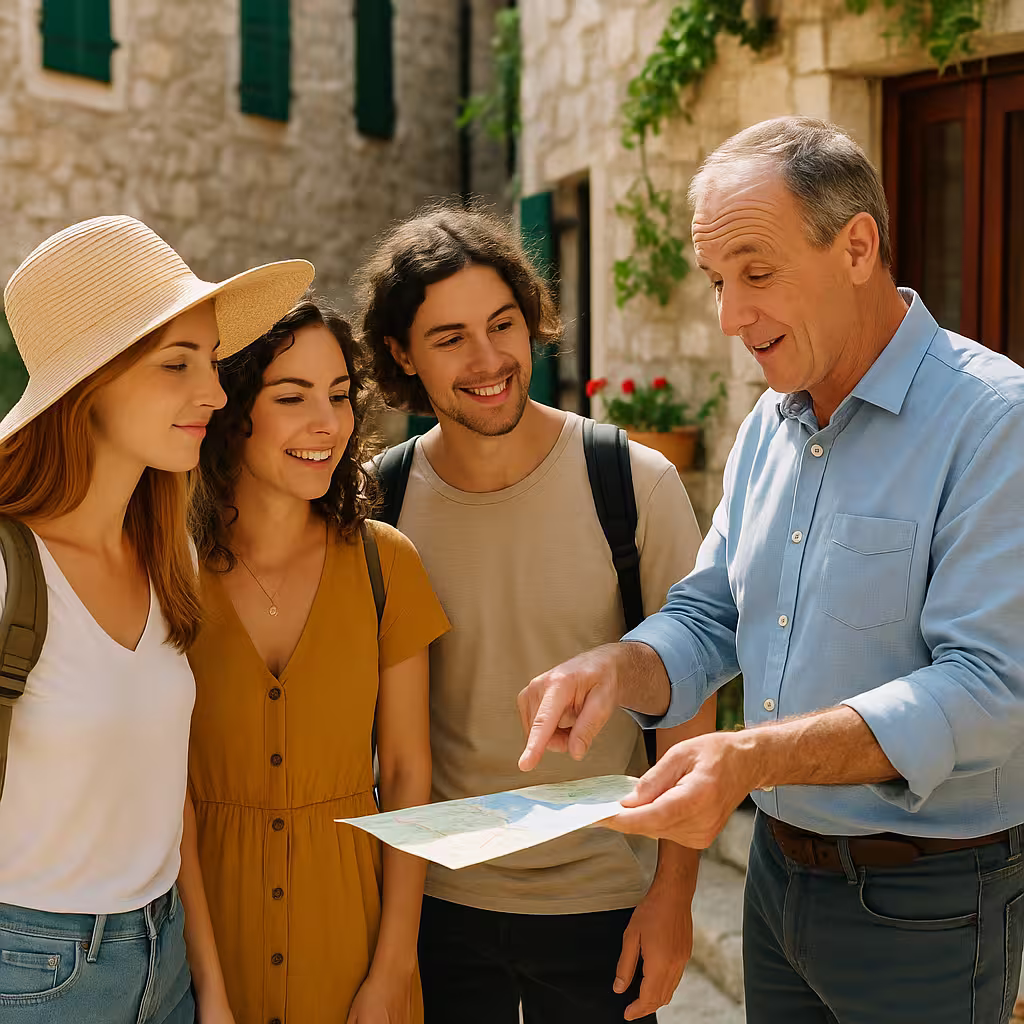 Lokalni vodič pokazuje turistima kartu